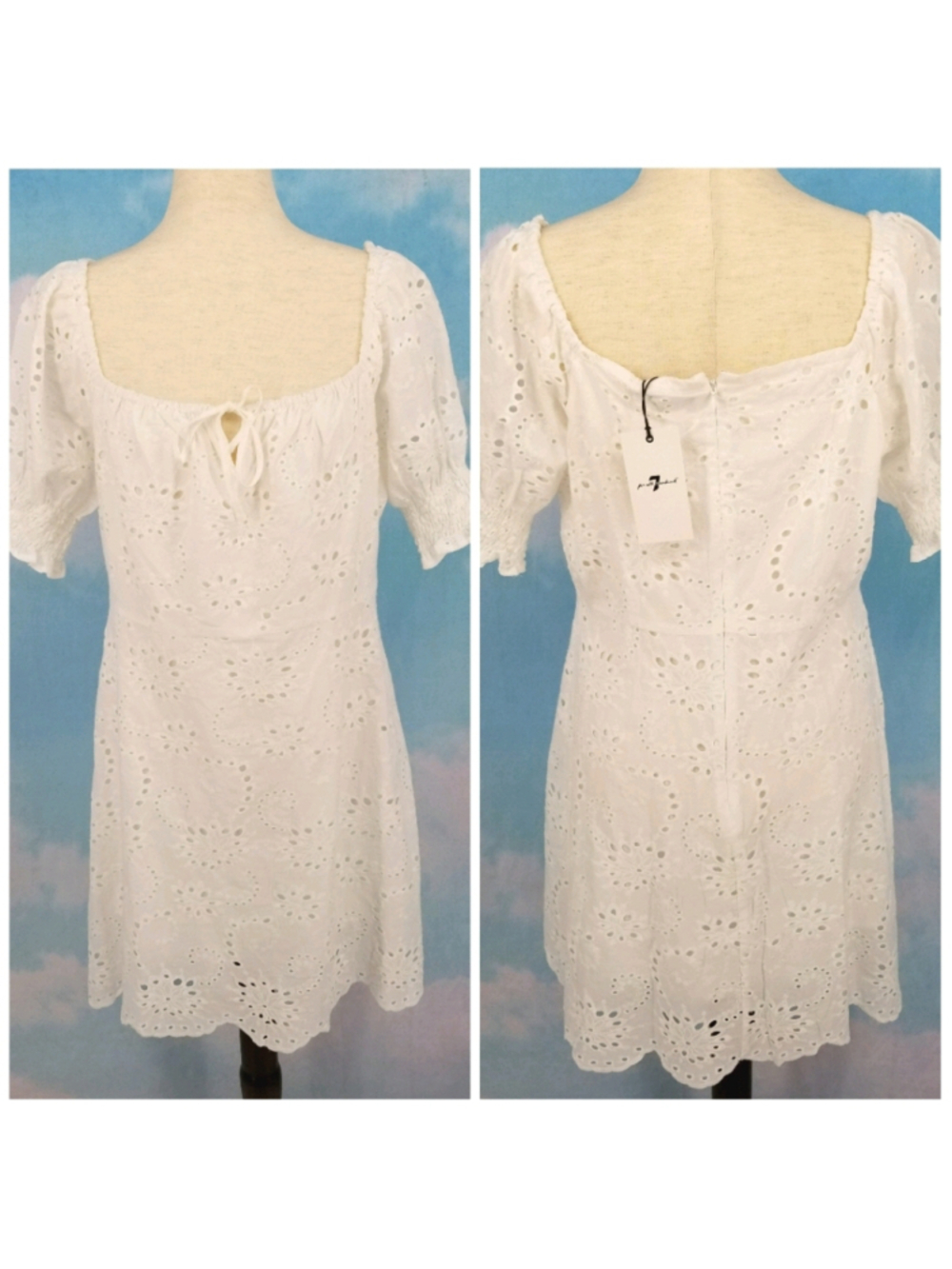 7 For All Mankind White Eyelet Mini Dress Large NWT Cotton Lace Summer Boho